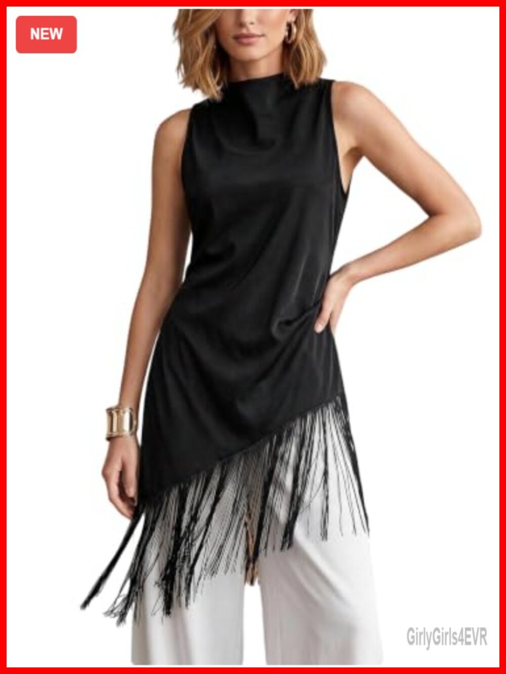 Satin Fringe Sleeveless Long Tank Top Asymmetrical Party Top